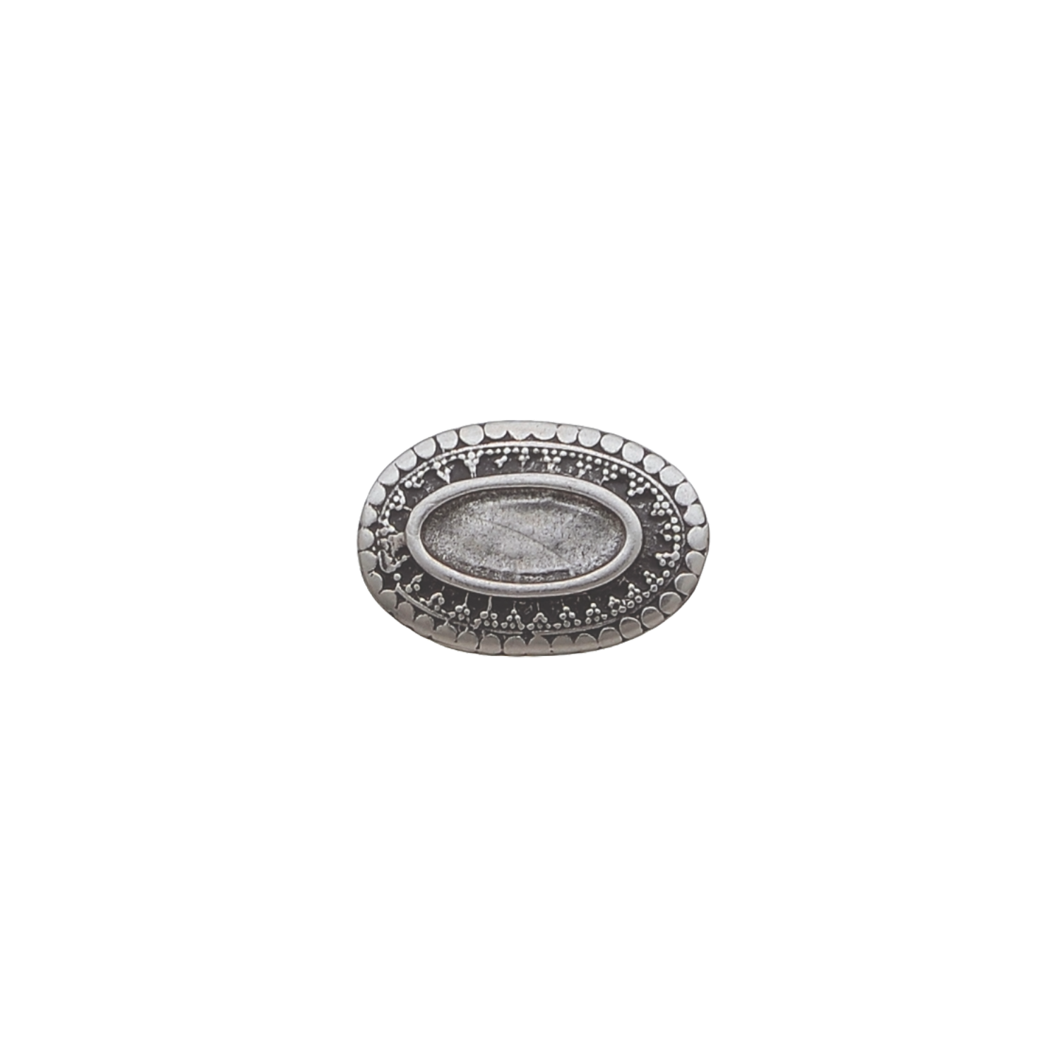 Silver oval western concho slider with stamped floral border and recessed center.