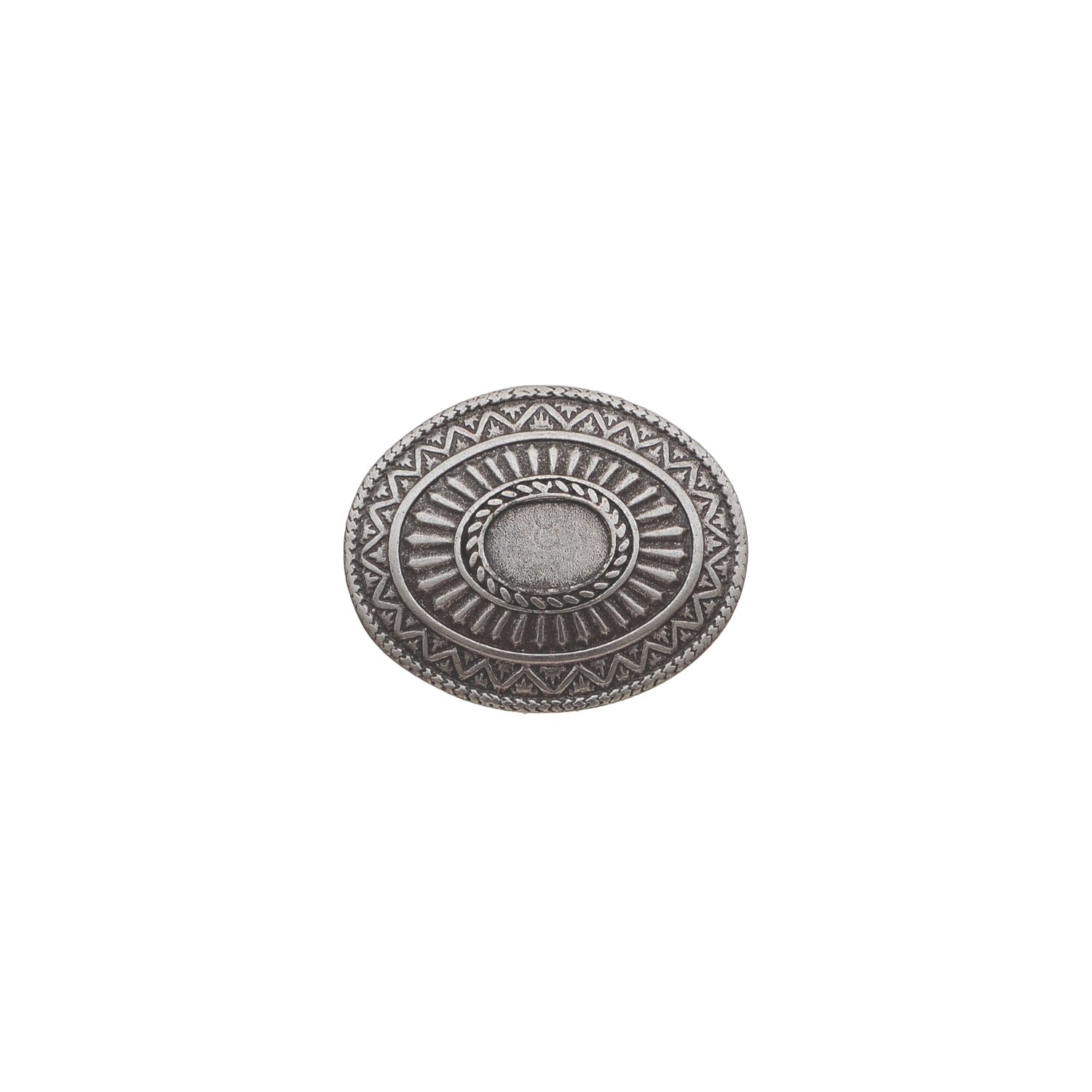 Silver oval western concho with sunburst rays and geometric tribal etched border.