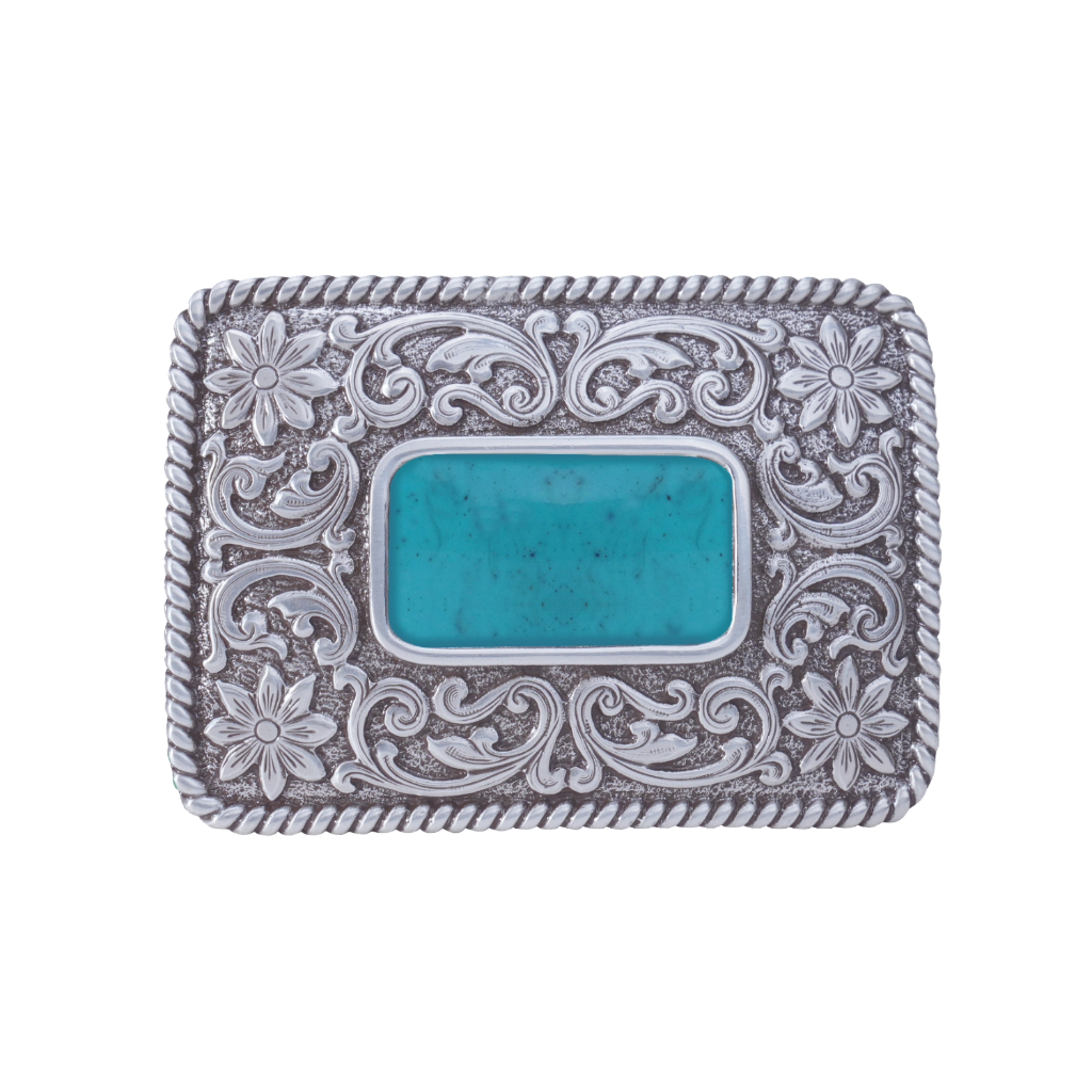 A detailed silver belt buckle with a Western or Southwestern design. This fashion accessory features a large, rectangular turquoise stone at the center, surrounded by ornate floral scrollwork and a twisted rope border.