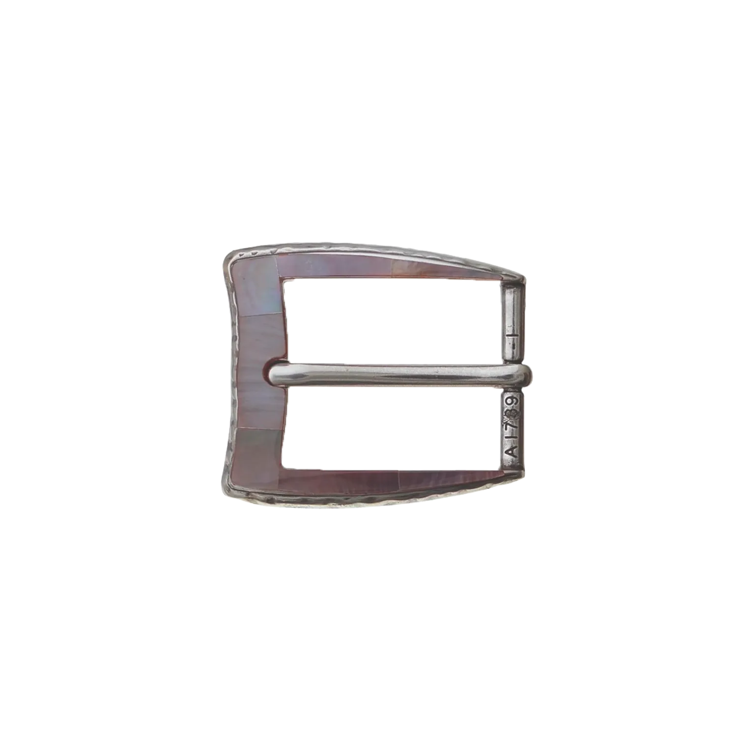 English silver belt buckle with cracked Tagnipis shell inlay, sleek modern design, handcrafted Zamak accessory