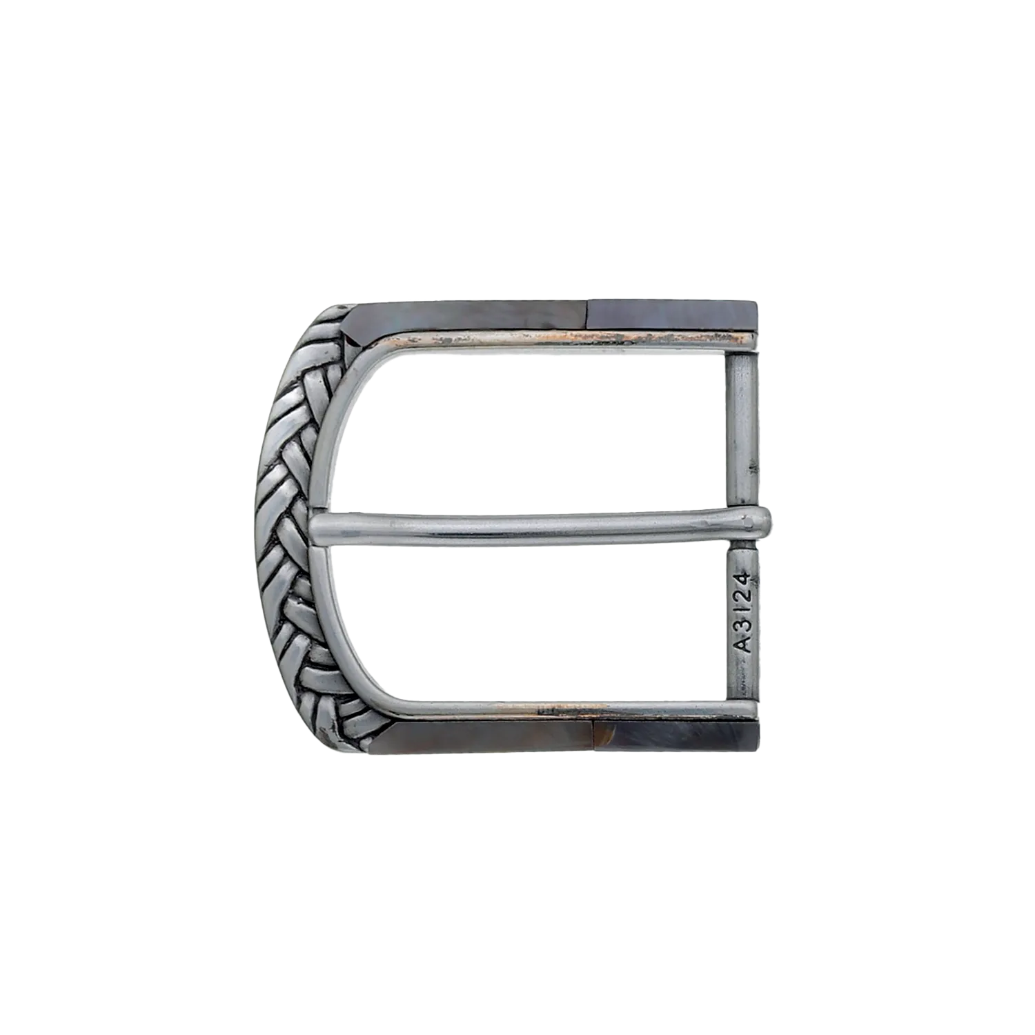 English silver belt buckle with solid Tagnipis shell inlay, woven engraved edge design, handcrafted Zamak accessory