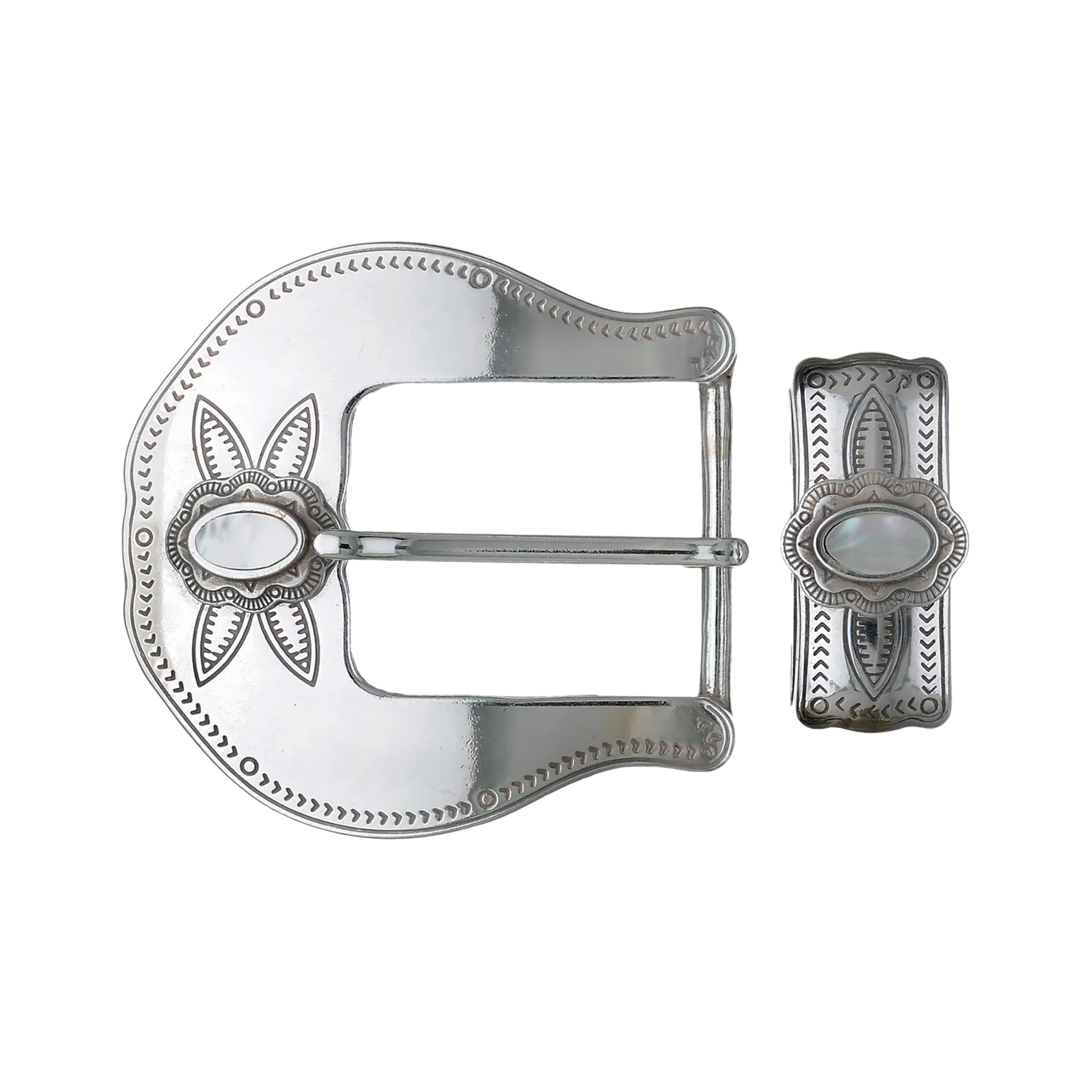 Loop English silver belt buckle set with solid white mother of pearl inlay, floral engraved design, handcrafted Zamak