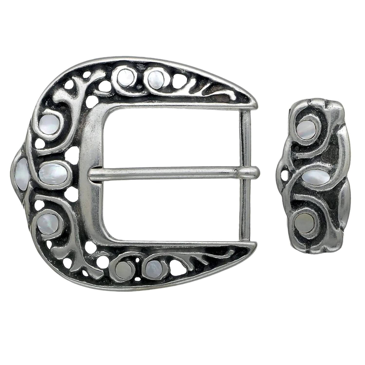 Classic English silver belt buckle set with mother of pearl inlay, ornate swirl design, handcrafted Zamak hardware