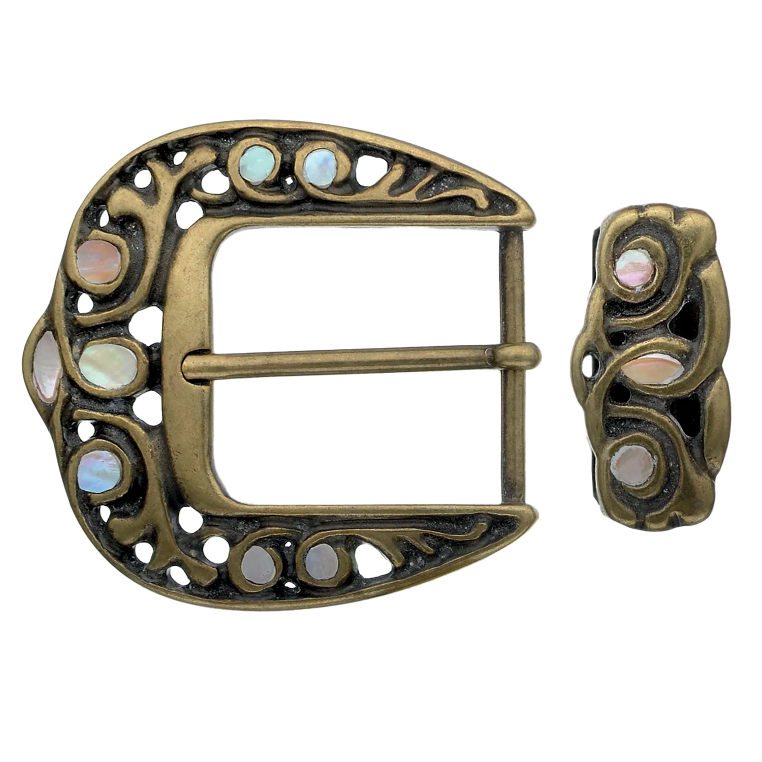 Loop shiny old gold belt buckle set with natural abalone inlay, ornate swirl design, handcrafted Zamak hardware