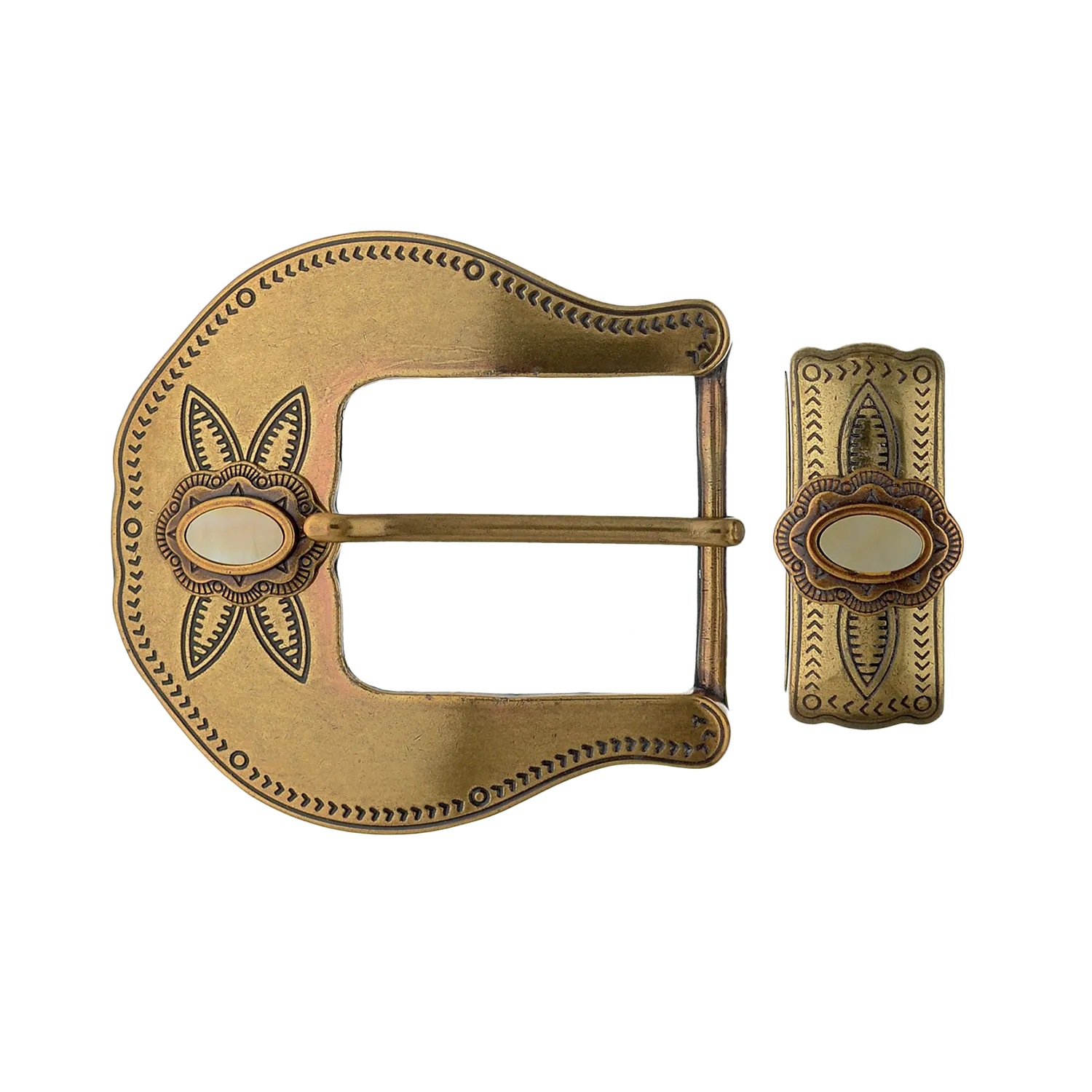 Loop shiny old gold belt buckle set with solid yellow mother of pearl inlay, floral engraved design, handcrafted Zamak