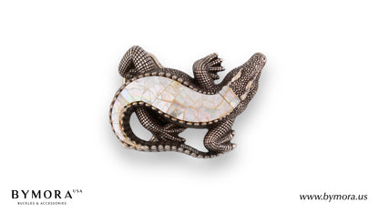 Luxury belt buckle alligator with white mother of pearl Italian design