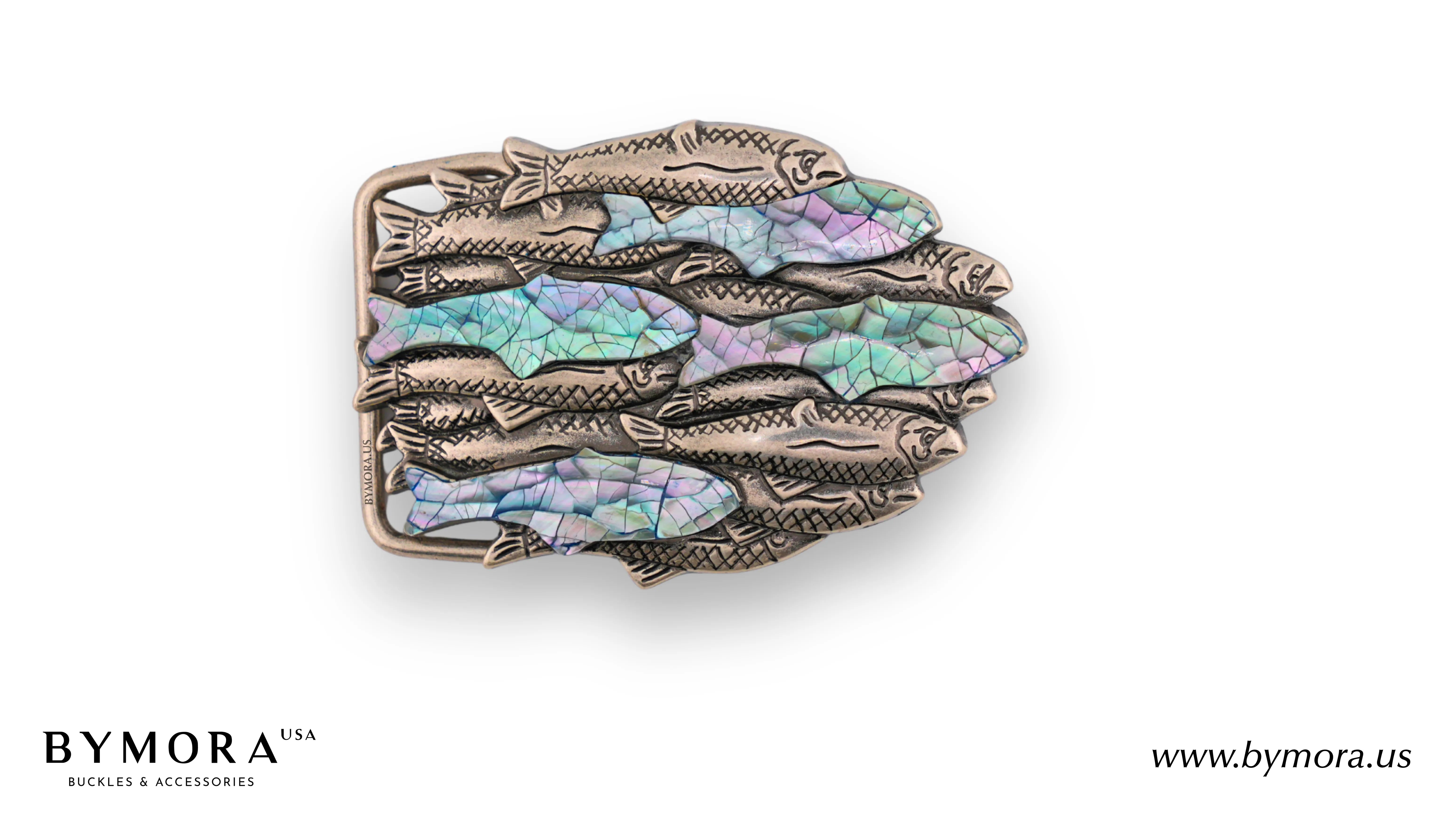 Bucle Design Fish Fish School 40mm Belt Buckle – English Silver Finish + Cracked Blue Ab ...