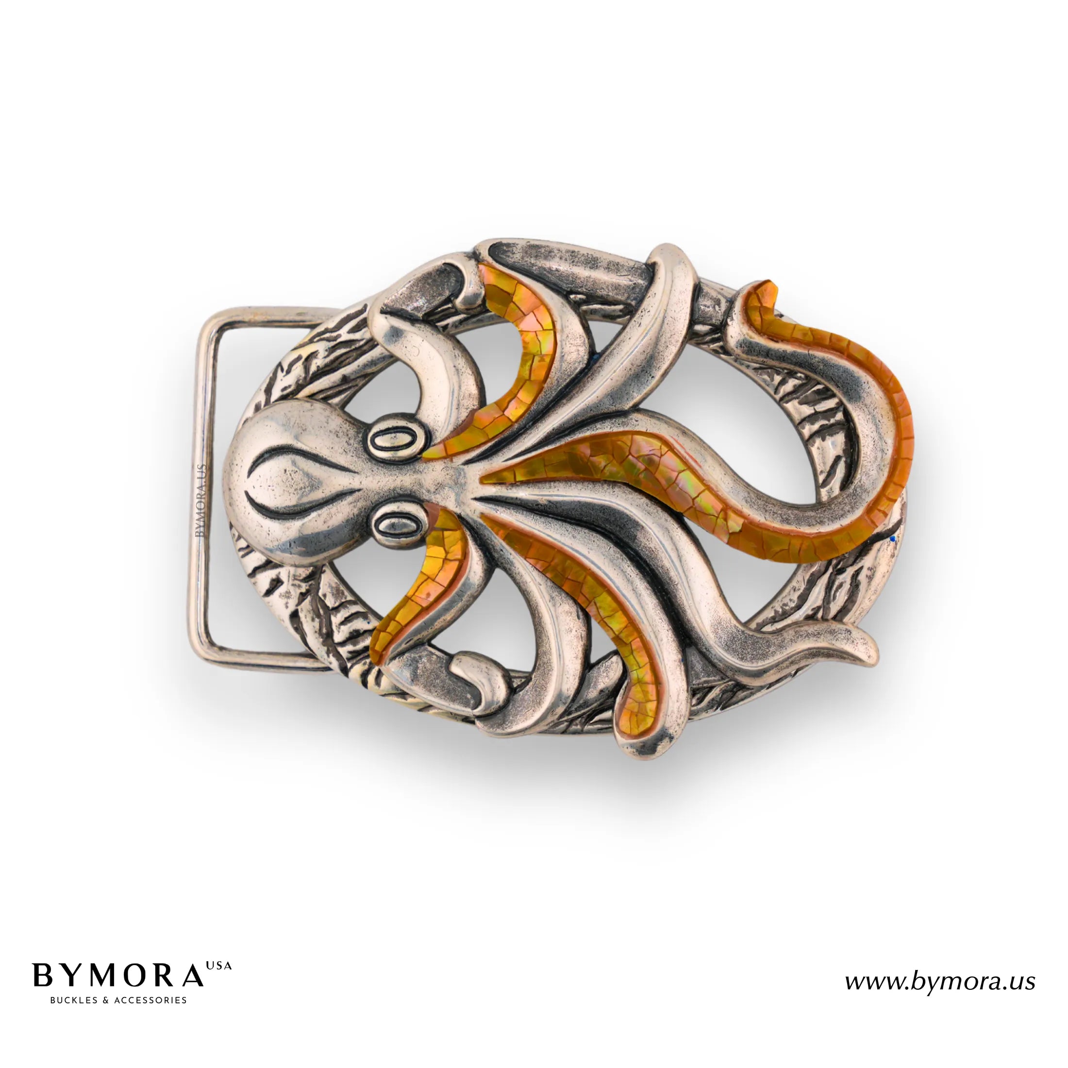 Luxury belt buckle octopus with orange mother of pearl Italian design 