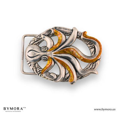 Luxury belt buckle octopus with orange mother of pearl Italian design 