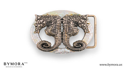 Luxury belt buckle sea horse with white mother of pearl Italian design