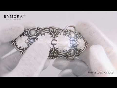 Ornate Scroll 40mm Belt Buckle – English Silver Finish + Cracked White Mother of Pearl