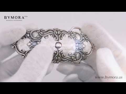 Load video: Ornate Scroll 40mm Belt Buckle – English Silver Finish + Cracked White Mother of Pearl