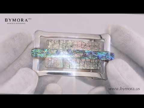 Load video: Rectangular 35mm Belt Buckle – Nickelfree Finish + Cracked Paua Blue &amp; Black Lip Mother of Pearl