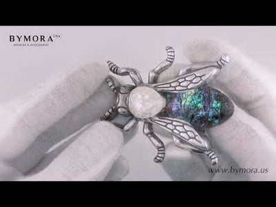 Bee 40mm Belt Buckle – English Silver Finish + White & Paua Blue Mother of Pearl