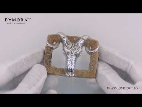 Load video: Bull Skull 40mm Belt Buckle – English Silver Finish + Cracked Raw Mother of Pearl