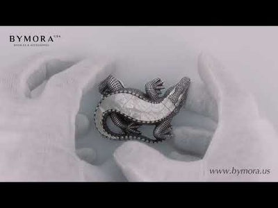 Crocodile 40mm Belt Buckle – English Silver Finish + Cracked White Mother of Pearl