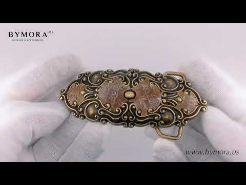 Load video: Ornate Scroll 40mm Belt Buckle – Old Gold Finish + Raw Mother of Pearl