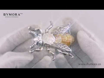 Bee 40mm Belt Buckle – English Silver Finish + Cracked White & Yellow Mother of Pearl