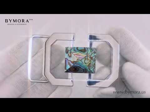 Load video: Geometric Motif 40mm Belt Buckle – Shiny Nickelfree Finish + Solid Paua Blue Mother of Pearl