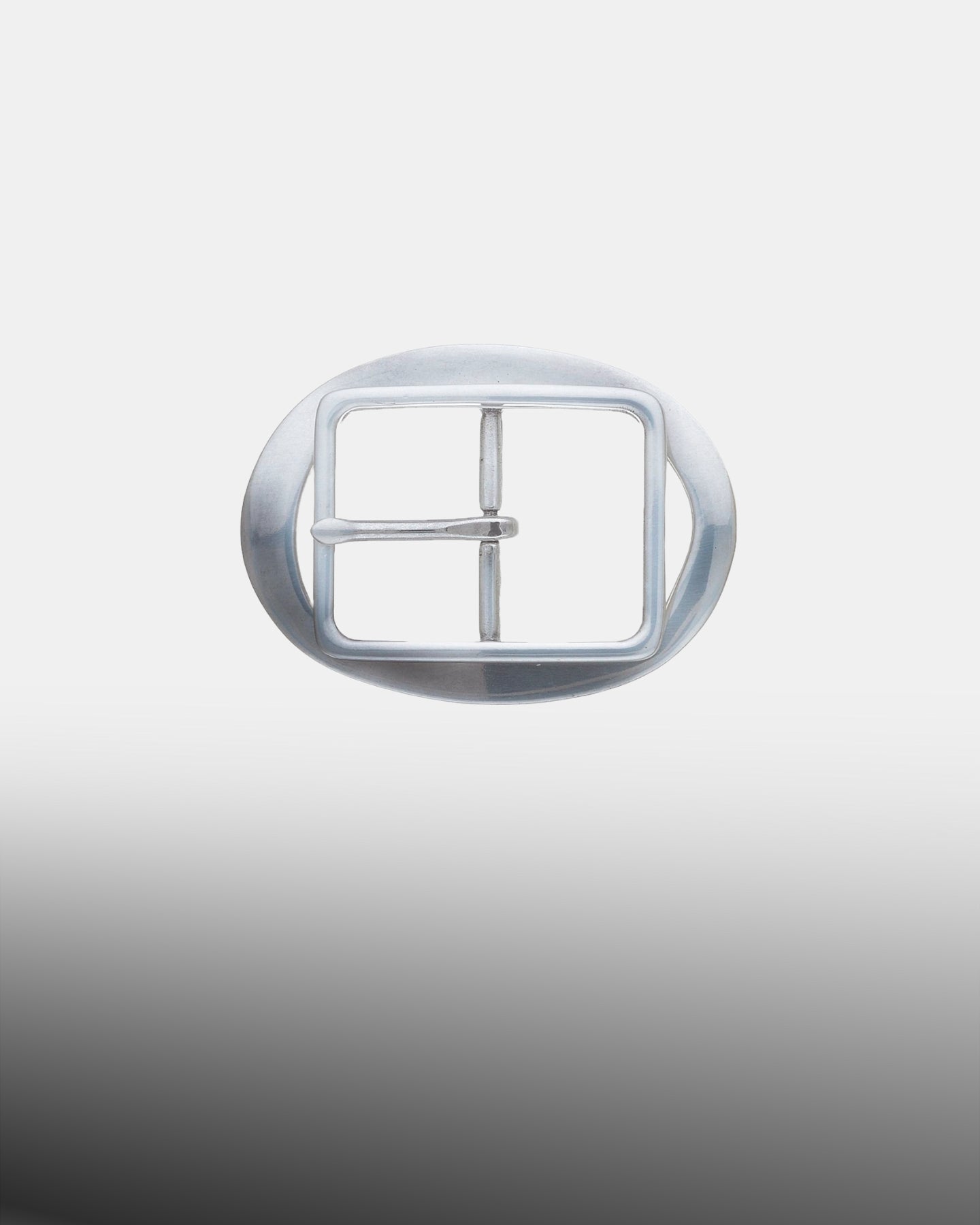 Polished silver oval belt buckle with a matching oval frame and single prong.